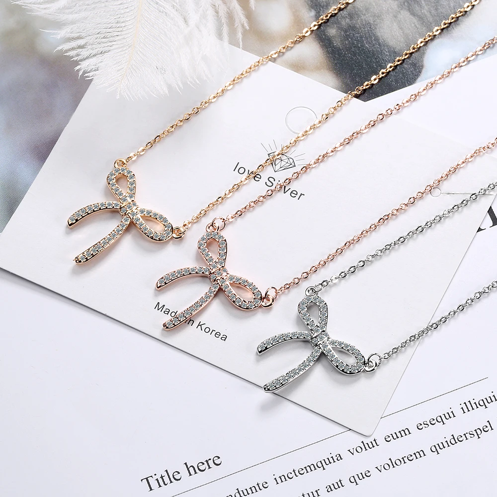 Simulated Moissanite Bowknot Pendant Necklace for Women S925 Sterling Silver Diamond Choker Necklace Party Luxury Jewelry Gifts