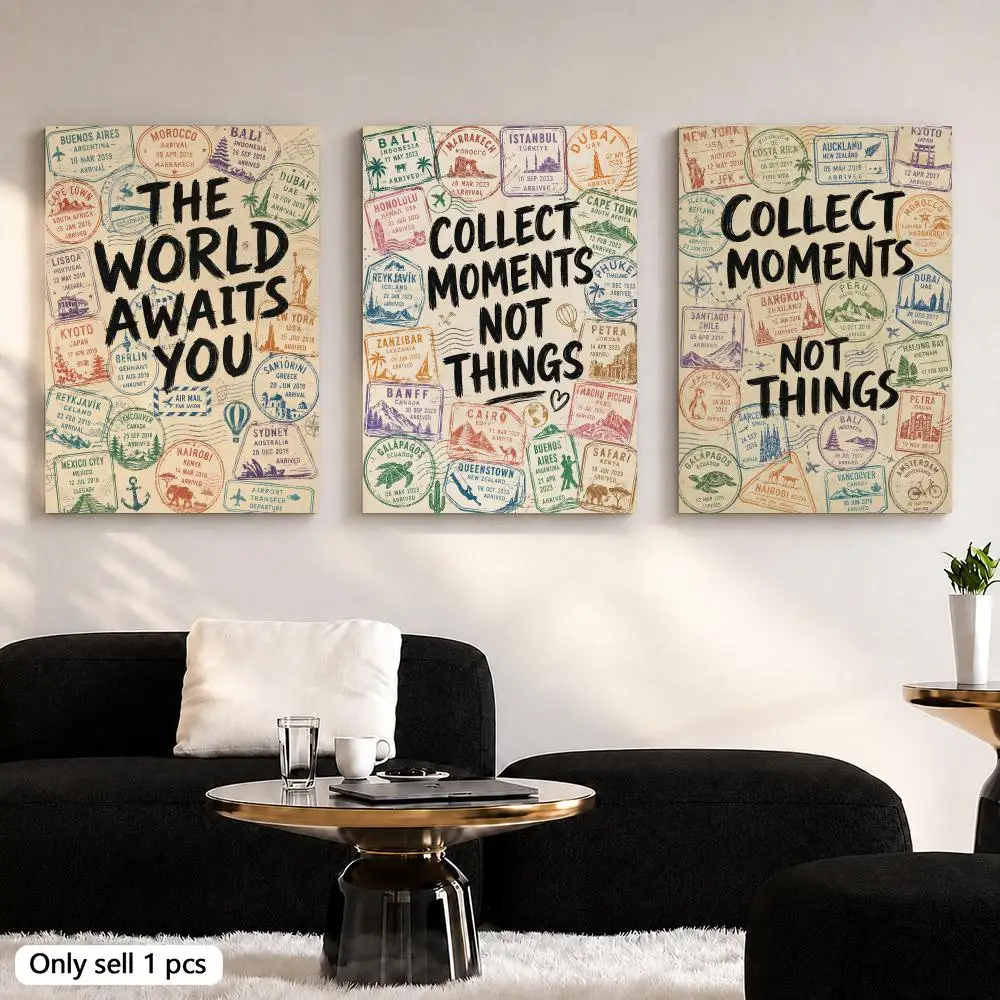 Retro Passport Stamps Framed Wall Painting Ready to Hang Framed Canvas Art Set of 3 Poster for Living Room Bedroom Home Decor