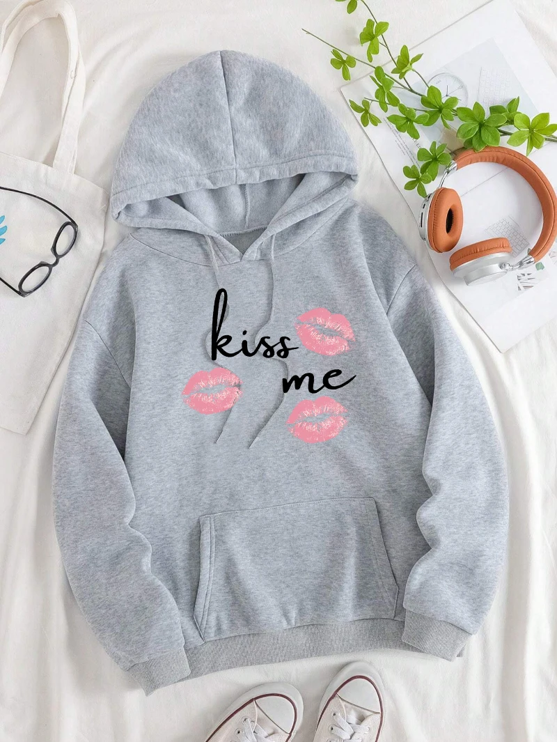 Kiss Me Red Lips 인쇄 여성 후드 Y2K 루즈 포켓 풀오버 가을 양털 Hoody All-Match Hip Hop 여성 streetwear