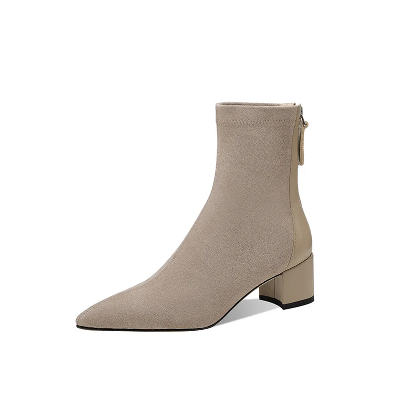 Women\'s Elastic Boots 2024 Autumn/winter New Pointed Suede Nude Color Non-slip Back Zipper High-heeled Fashion Boots Botas Mujer