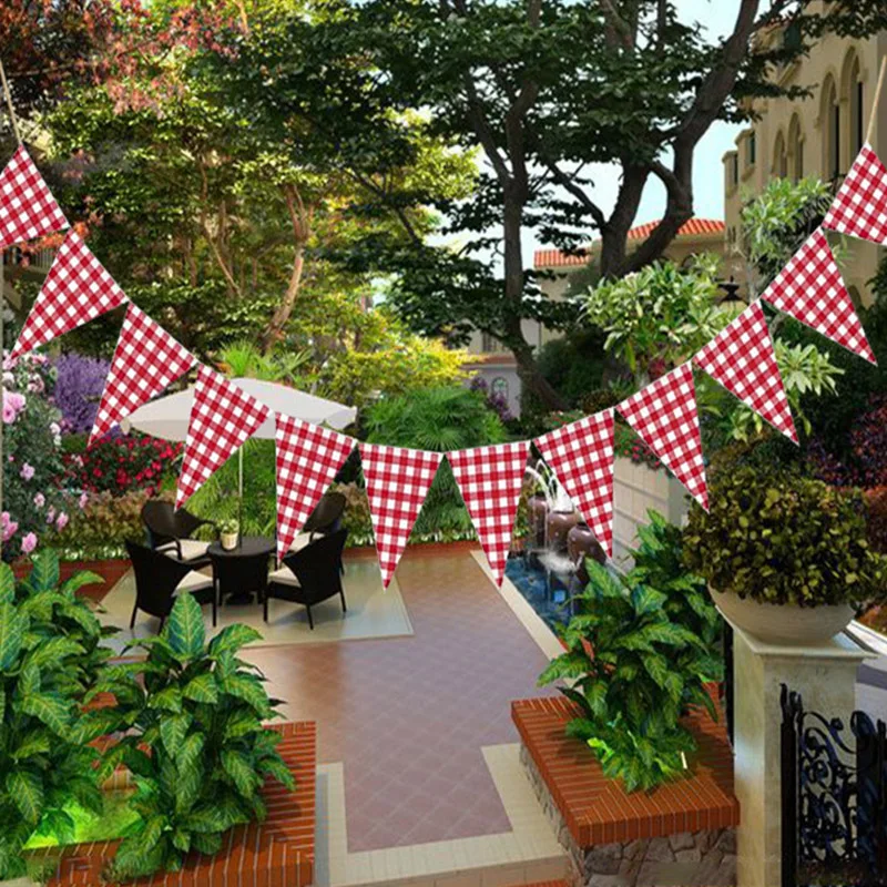 Red White Fabric Plaid Checkered Triangle Flag Pennant Garland Wedding Birthday Carnival Picnic Outdoor Party Bunting Decoration