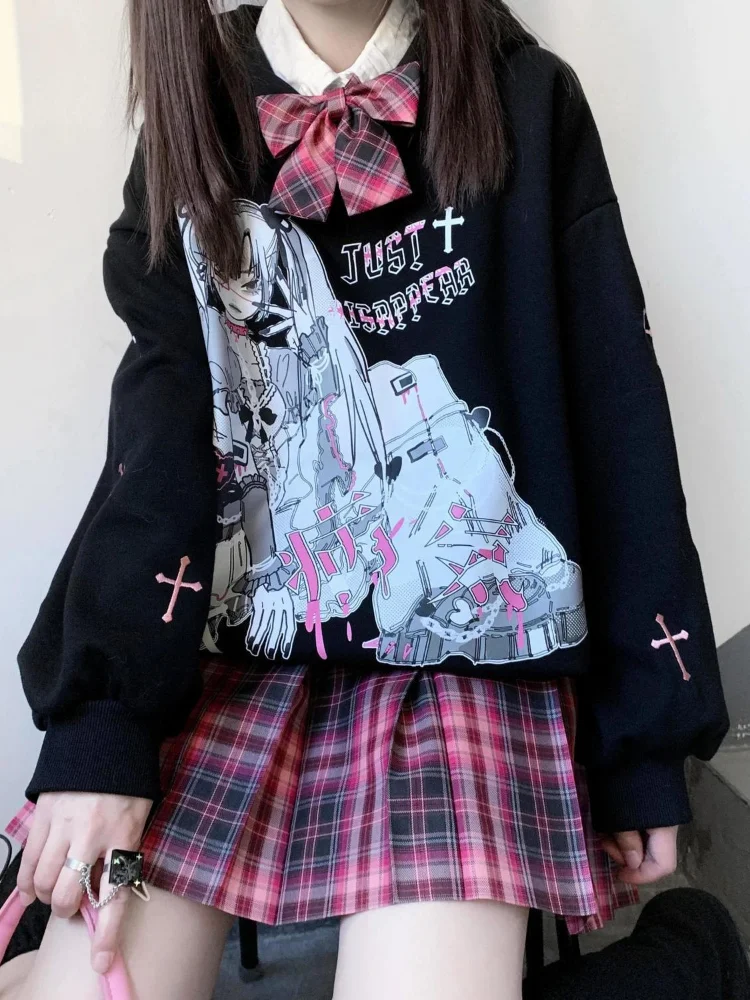 QWEEK Gothic Harajuku Anime Hoodies Women Goth Japanese Streetwear Cartoon Print Hooded Sweatshirts Black Tops 2022 Autumn Y2k