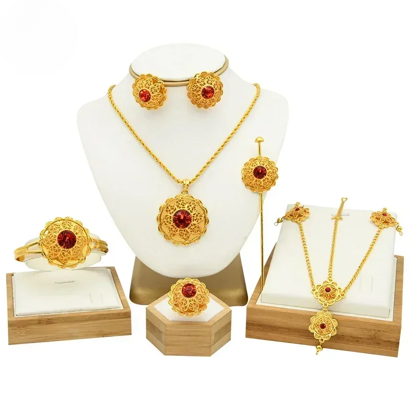 Gold Jewelry Set Bride Necklace Earrings Ring Bracelet Hairpin Hair Chain Six-piece Set