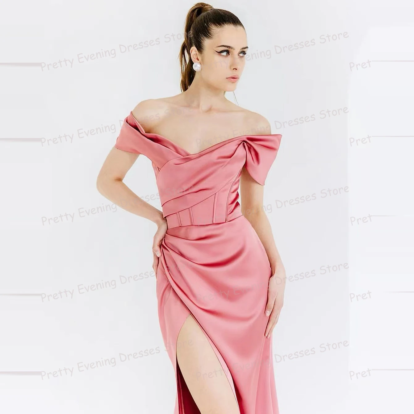 Simple Pink Evening Dresses Mermaid Woman's Sexy Off Shoulder Prom Growns Pleat Satin Side High Split Formal Fashion Vestidos