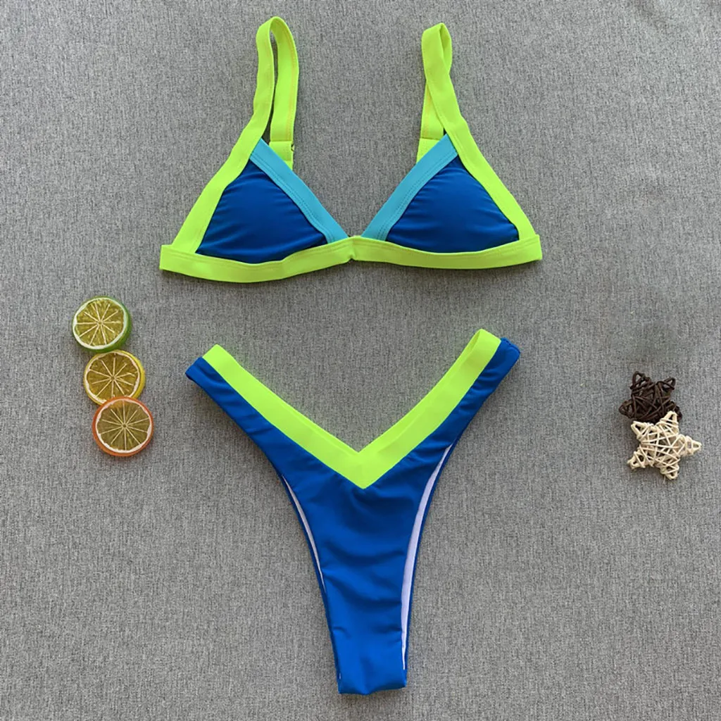 Women\'s Sexy Split Bodies Solid Color Patchwork Bikini Suits V Neck Low Waist Sexy Swimwears Two Piece Suits Tankinis Set