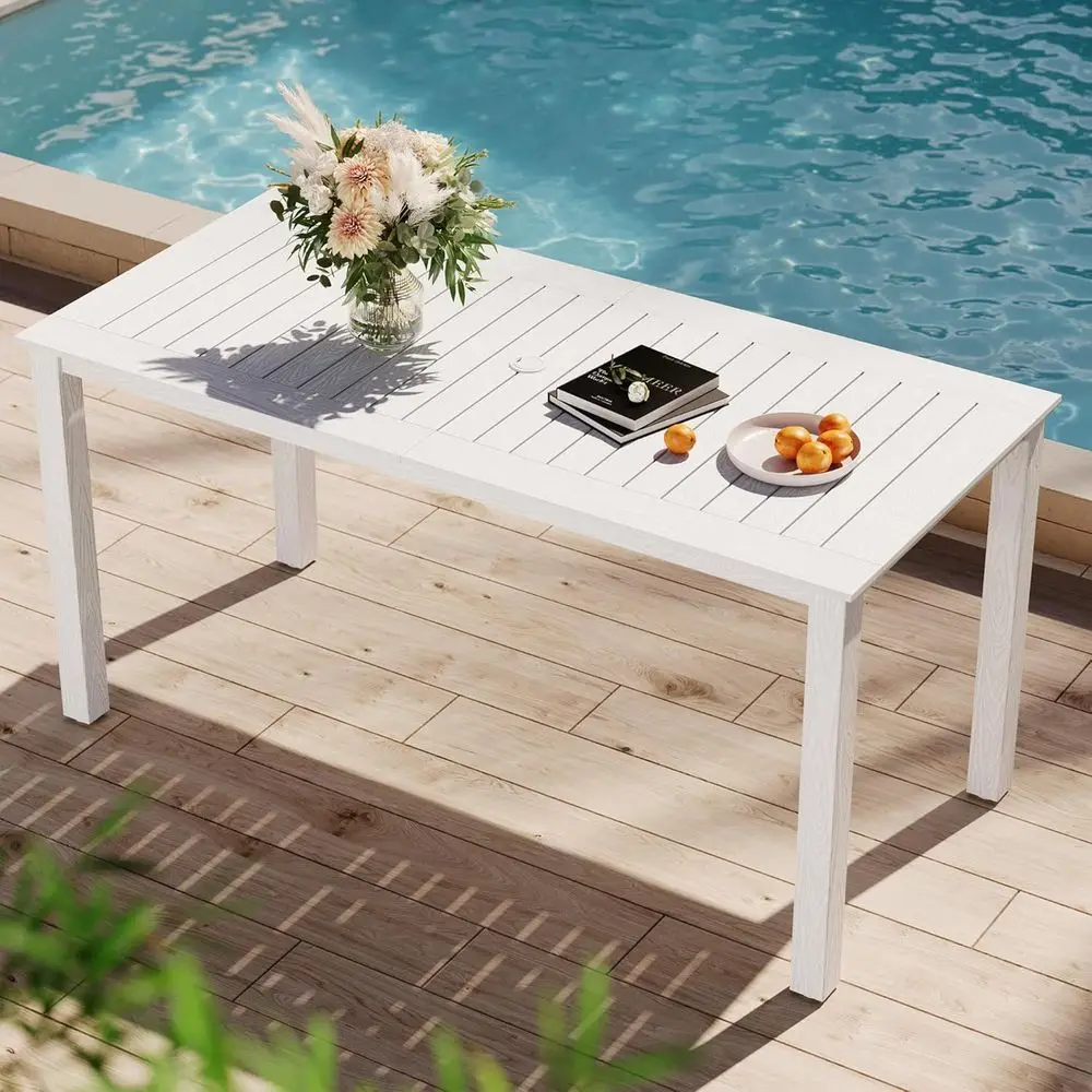 

All-Weather 6-Seater Patio Table with Umbrella Hole, White, for Outdoor Backyard, Garden, Pool, Porch, Deck, Supports 300lbs