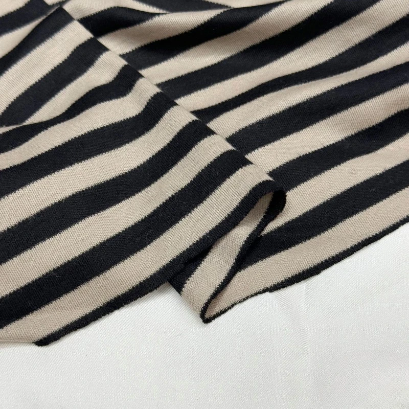 1Meter Milk Tea Black Striped Knitted Wool Fabric Elastic Skin-friendly Bottoming Shirt Cardigan Fabric