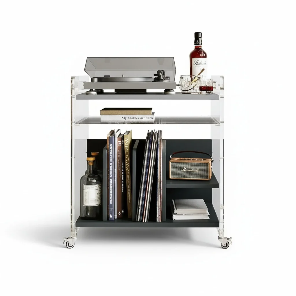 Acrylic Record Player Stand, 58x40x66.5cm Clear Vinyl Storage Holder, Movable Stereo Cabinet with Rolling Wheels, End Table