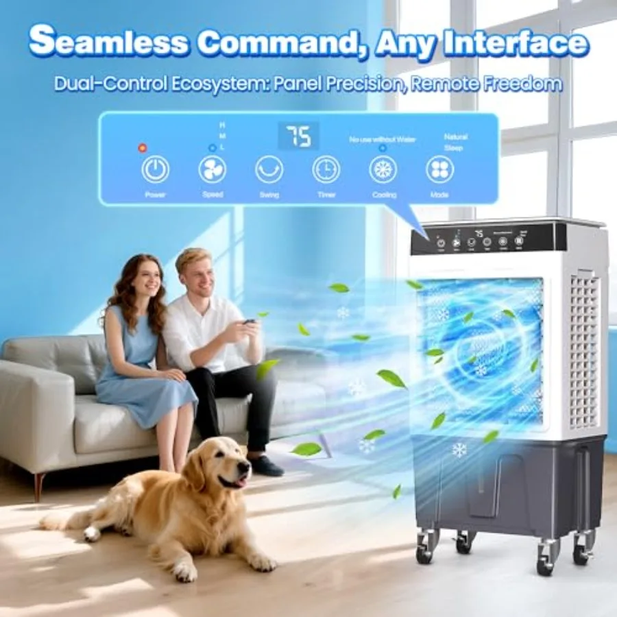 Pendingin Udara Evaporatif 3000CFM untuk Penggunaan Dalam dan Luar Ruangan dengan Kontrol Jarak Jauh Osilasi 120, Timer 12 Jam, 4 Paket Es, 3 Mode Operasi