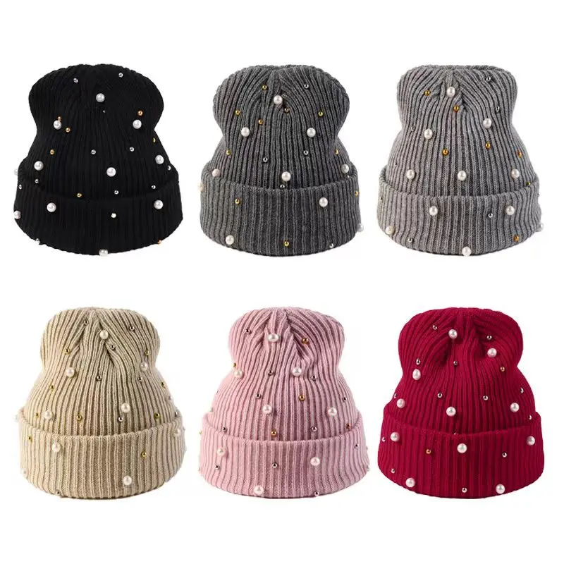 Autumn Winter Knitted Hat Women Pearls Winter Hat Cute Ladies Beanies Bling Ribbed Knit Cap Warm Outdoor Beanies