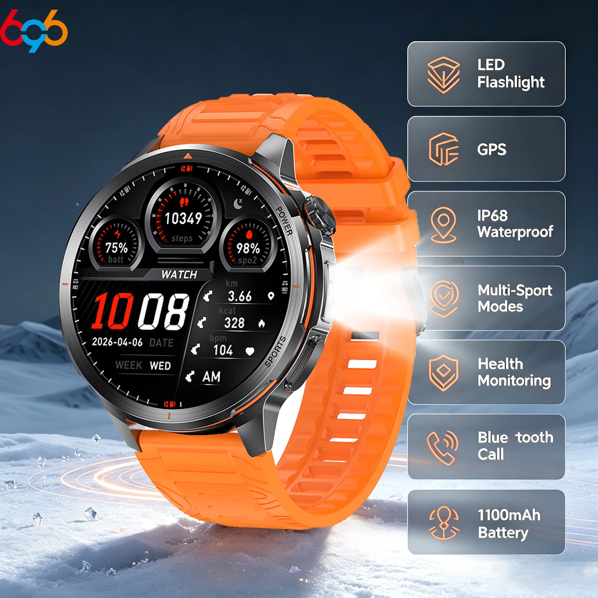 Newest GPS Outdoor Smartwatch LED Flashlight Sports Men Heart Rate Health Waterproof Clock Blue Tooth Call Smart Watch 1100Mah