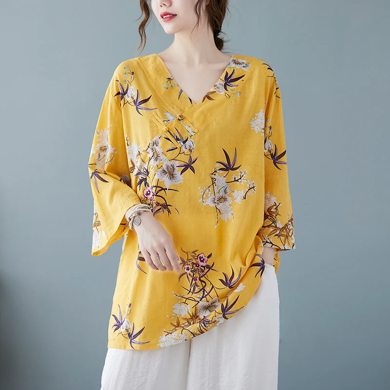 

Retro Summer Large Size Blouse Women's Clothing Casual V-neck Printed Top Frog Three-quarter Sleeve Cotton Linen Shirts JP893