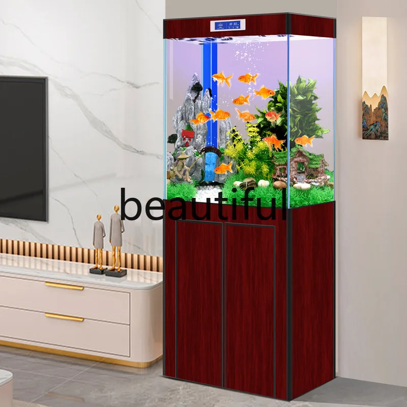Ultra-white glass smart square fish tank, large household bottom filter in the living room, aquarium against the wall