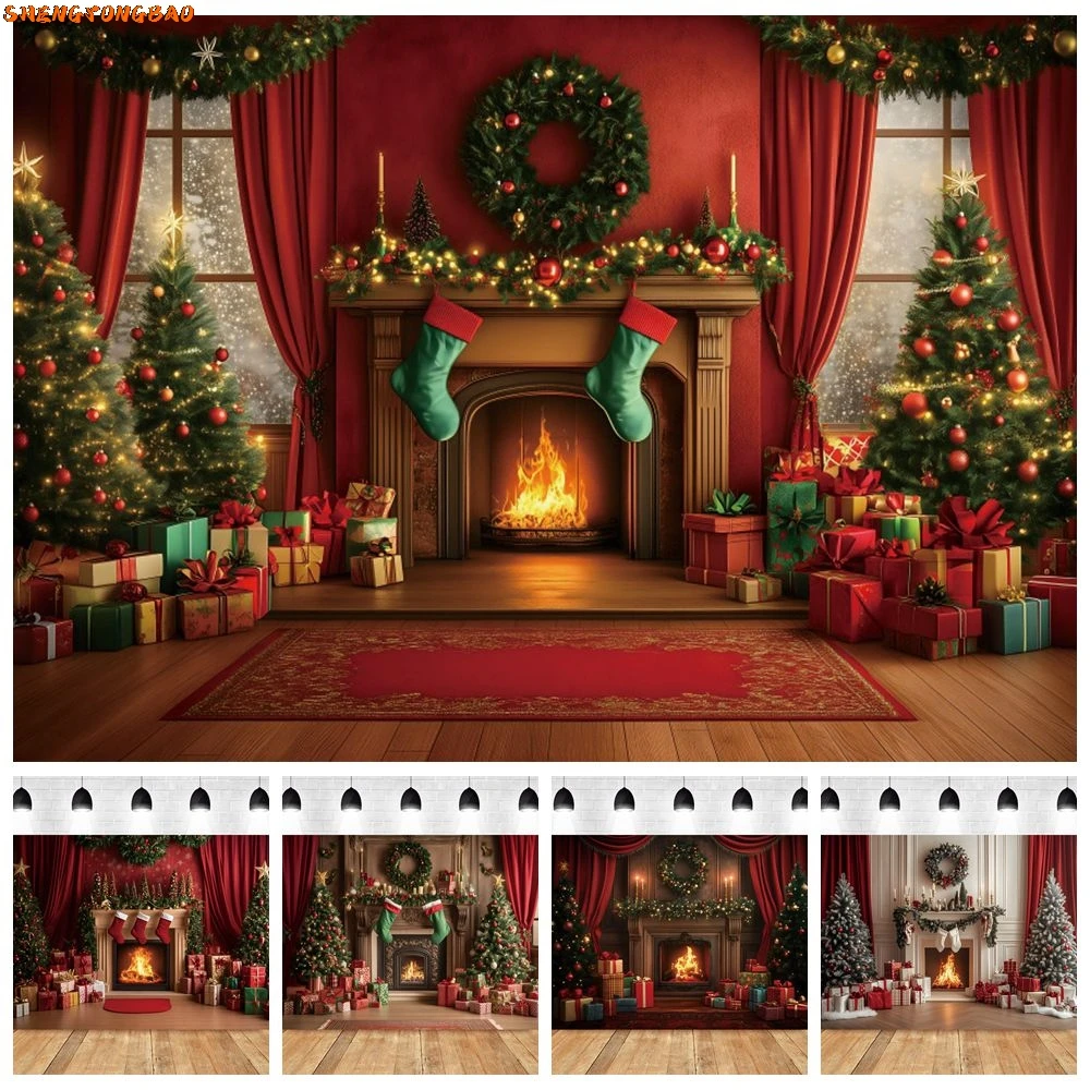 

Retro European Wall Christmas Tree Fireplace Backdrop Gifts Interior Baby Kid Family Portrait Photography Background Photostudio