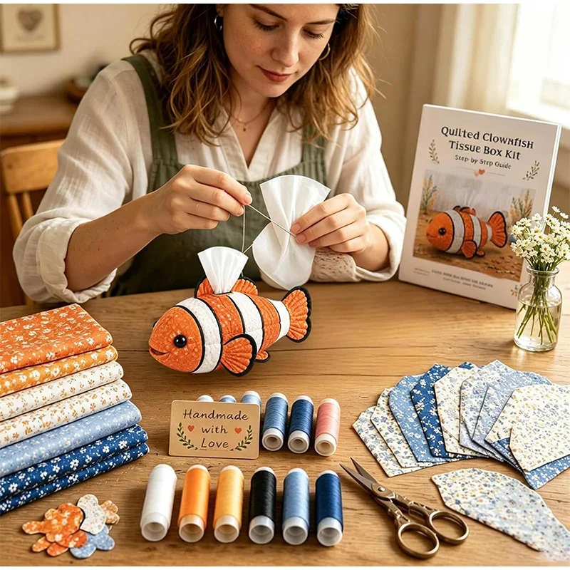 Sea Creature Patchwork Tissue Box DIY Animal Shaped Tissue Box Set Precut Cloth Thread Tool Handmade Napkin Cover Decor Gift