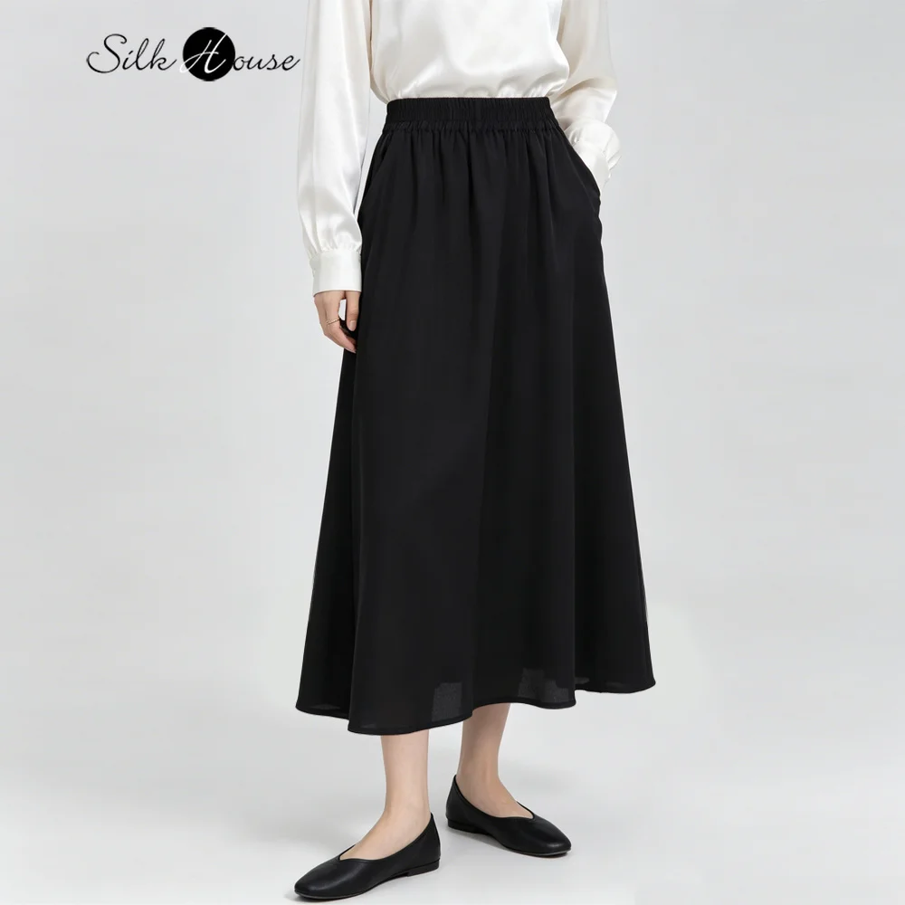 Plus Size Women's Casual New Black Versatile 100%Natural Mulberry Silk Double Crepe Simple Elastic Waist Solid Large Swing Skirt