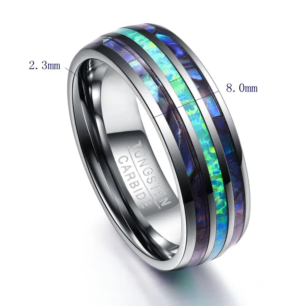 BONLAVIE 8MM Wide Polished Abalone Shell Tungsten Carbide Rings Dome Triple Grooved Opal Tungsten Steel Jewery Never Fade T082R