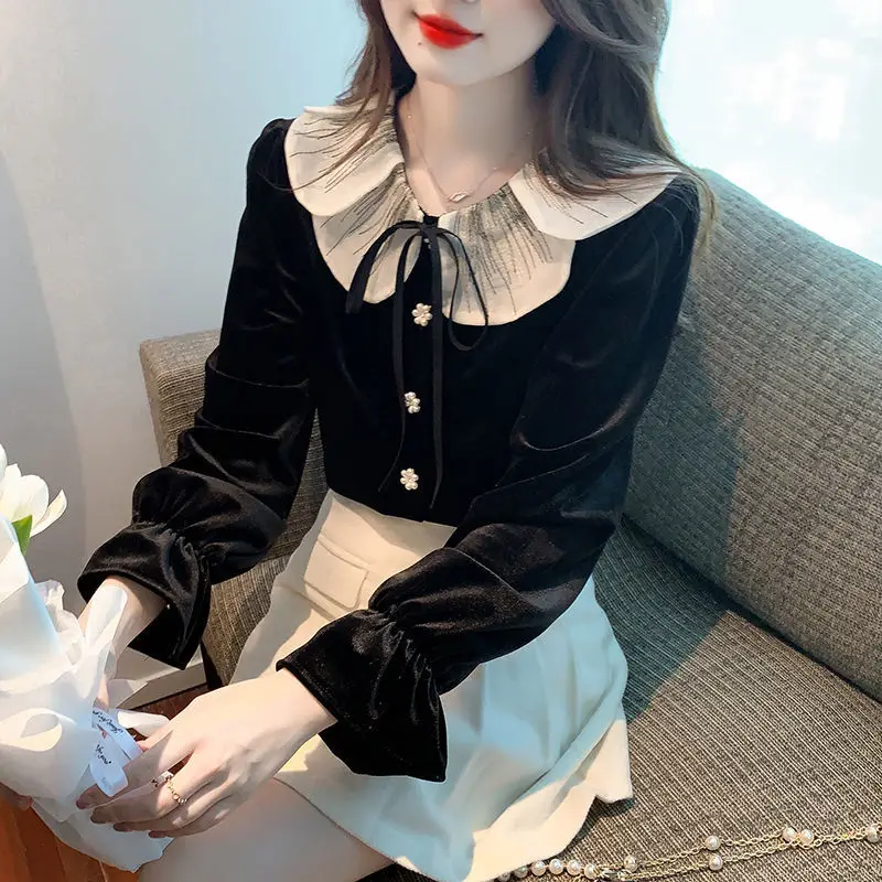 Fashion Spliced Beading Lace Up Princess Sleeve Shirts Female Clothing 2023 Autumn New Korean Tops Peter Pan Collar Blouses