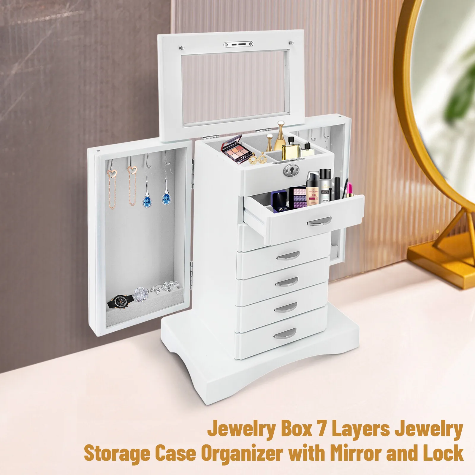 

Jewelry Box 7 Layers Jewelry Storage Case Large Organizer with Mirror and Lock