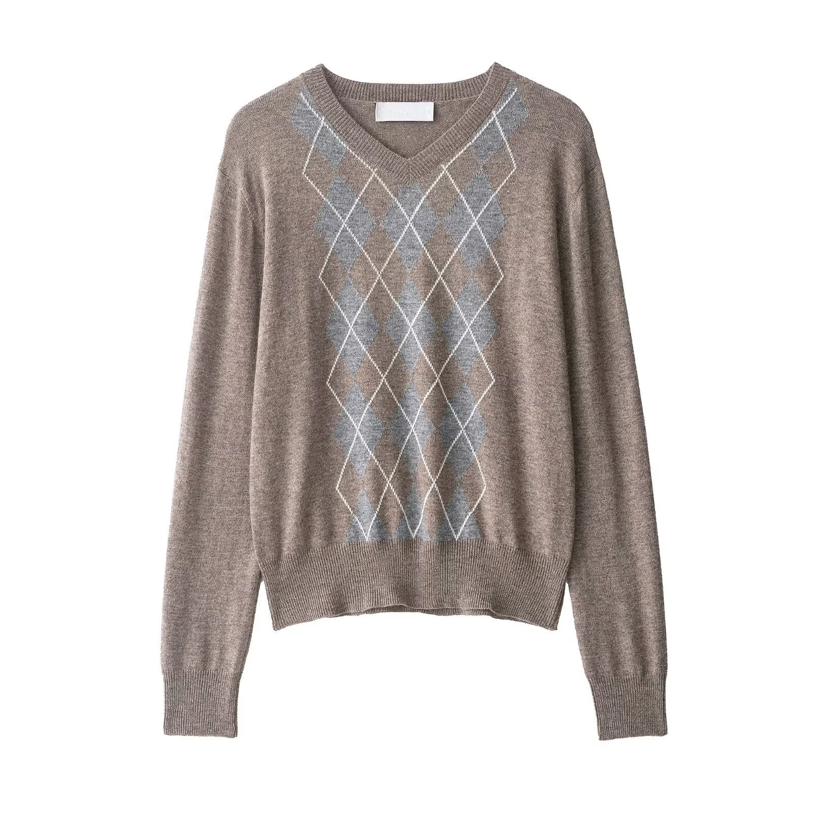 

2025 Autumn And Winter Retro Diamond Pattern Knitted Sweater V-Neck Long Sleeve Women's Sweater Tops
