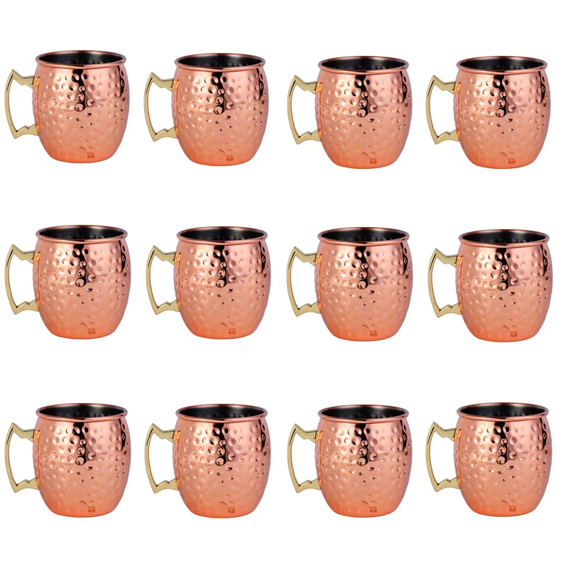 12pcs Cocktail Cup Moscow Mule Hammered Copper Mugs Metal Mug Stainless Steel Beer Wine Coffee Cup Tazas Drinkware Barware