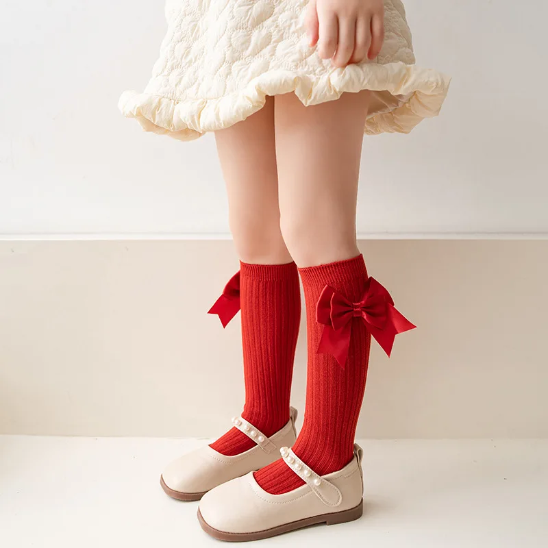 Spring Autumn Baby Children Girl Socks Solid Color Stockings School Student Uniform Knee High Long Sock Kids Princess Bow Socks