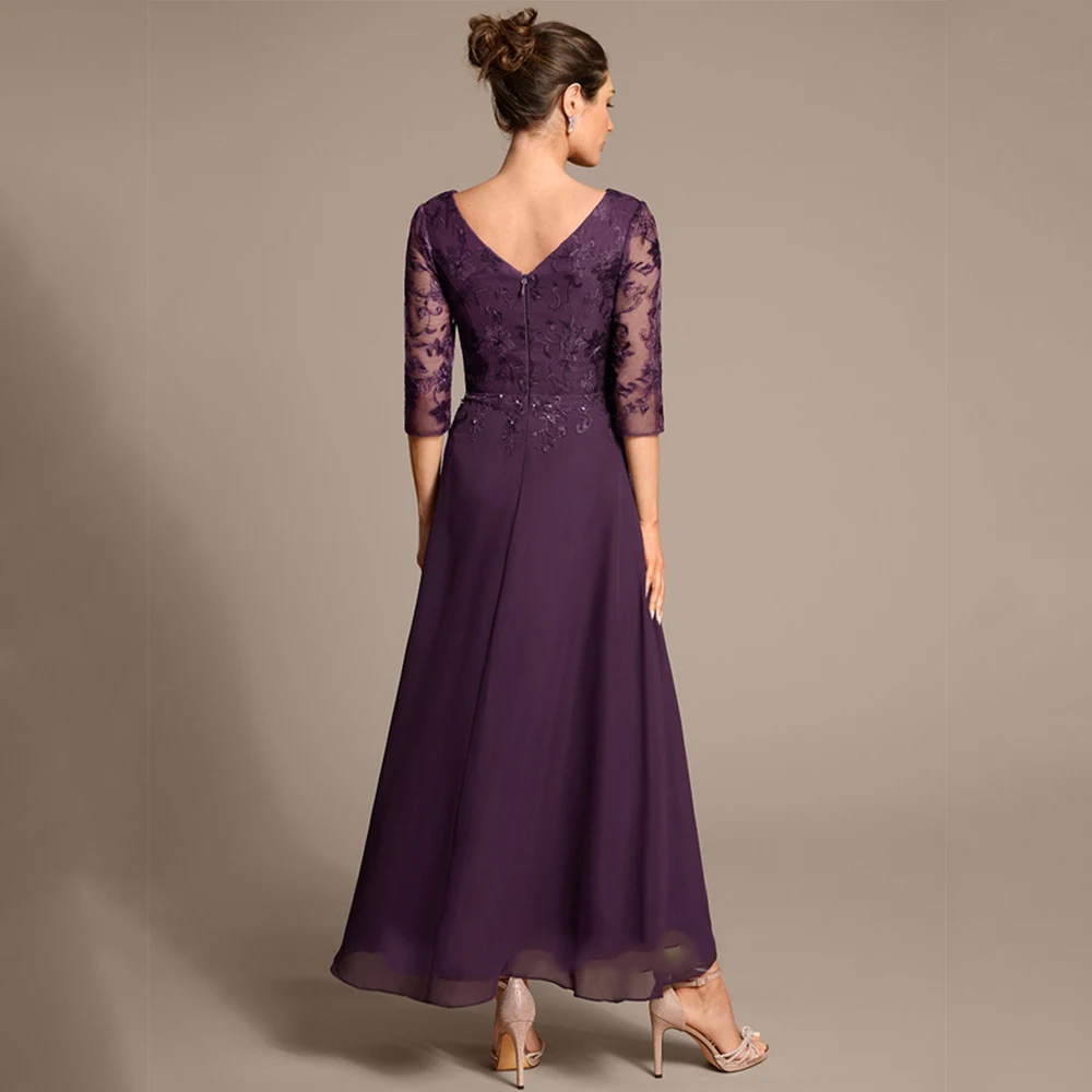 Purple Chiffon Mother of Bride Dresses with Lace Three Quarter Wedding Party Dresses  for Women 2025 Summer New Robe De Soirée