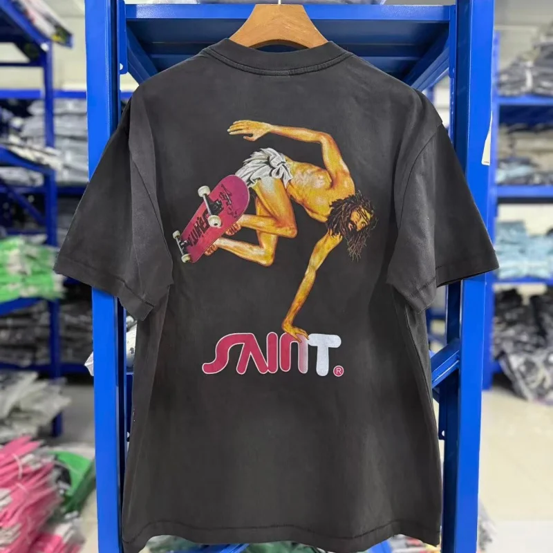 SAINT Fun Print Skateboard Retro T-Shirt Summer Hip-Hop Crew Neck Distressed High-Quality Cotton Short-Sleeve T-Shirt