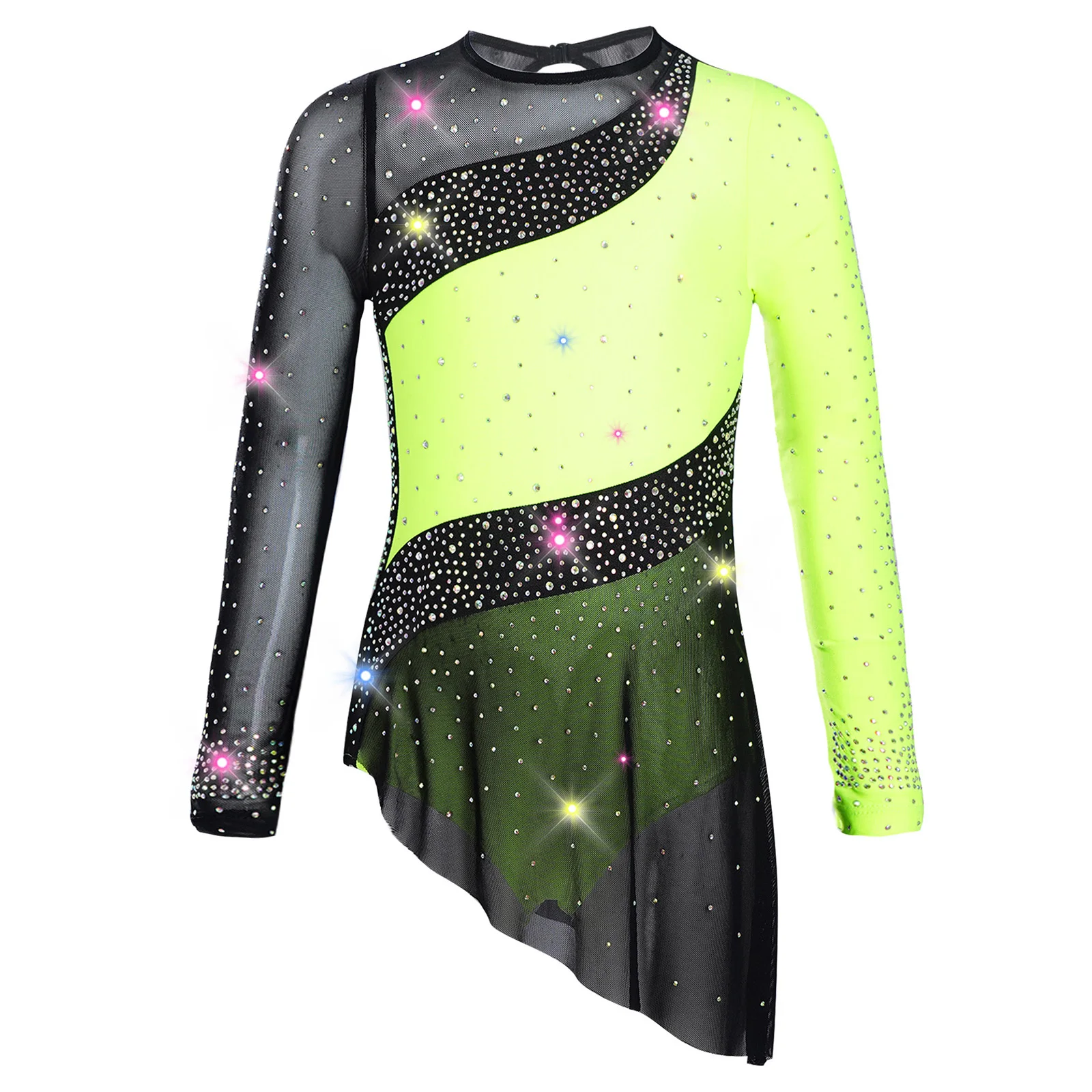 Body da pattinaggio di figura per ragazze, ginnastica ritmica, balletto, danza, costume, manica lunga, maglia trasparente, strass, abbigliamento da ballo lirico