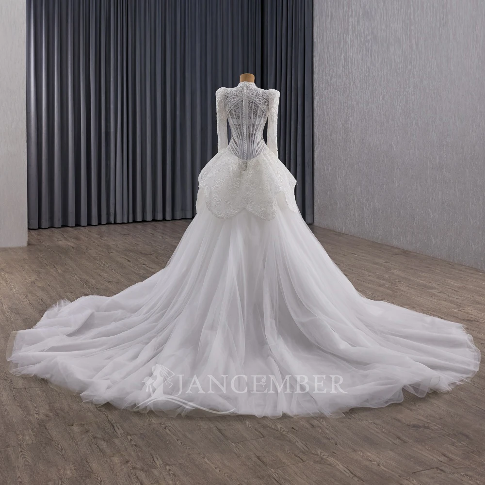 Wedding Dress Long Sleeve High Neck Zipper Back Customized Bride Dresses Court Train Rhinestones Bridal Gown vestido femininos