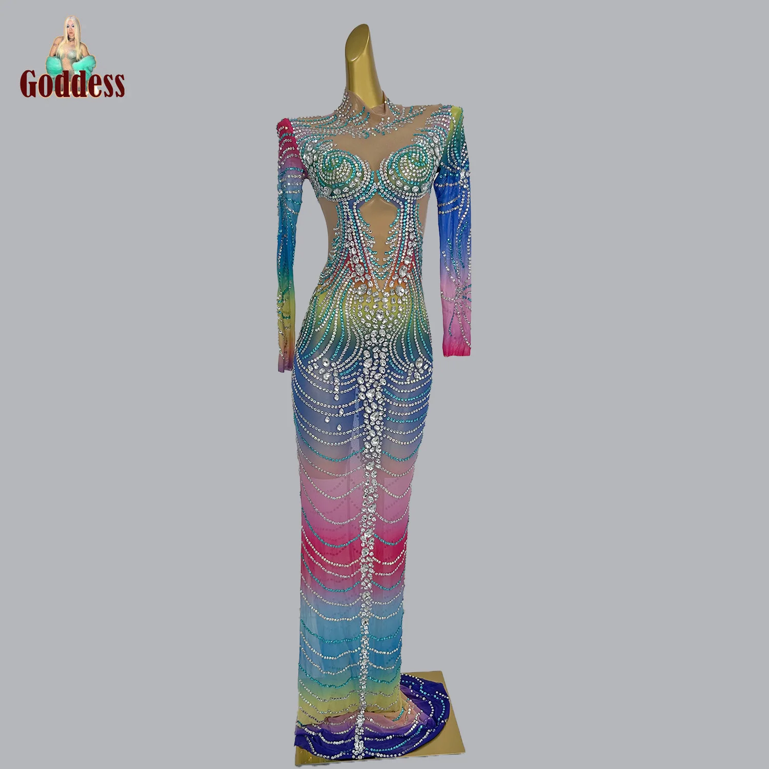 

Rainbow Fancy Costume Party Rhinestone Maxi Dress for Young Women Sexy Sheer Mesh Birthday Evening Dress Club Show Stage Wear