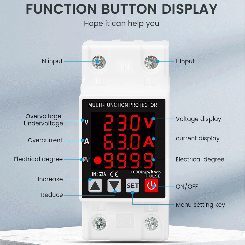 

63A 230V Digital Display Adjustable Over Voltage Current and Under Voltage Protective Device Protector Relay Din Rail Install