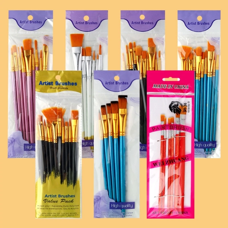 5/6/10 / 12Pcs Pincel ponta redonda Nylon Artist Brush para acrílica