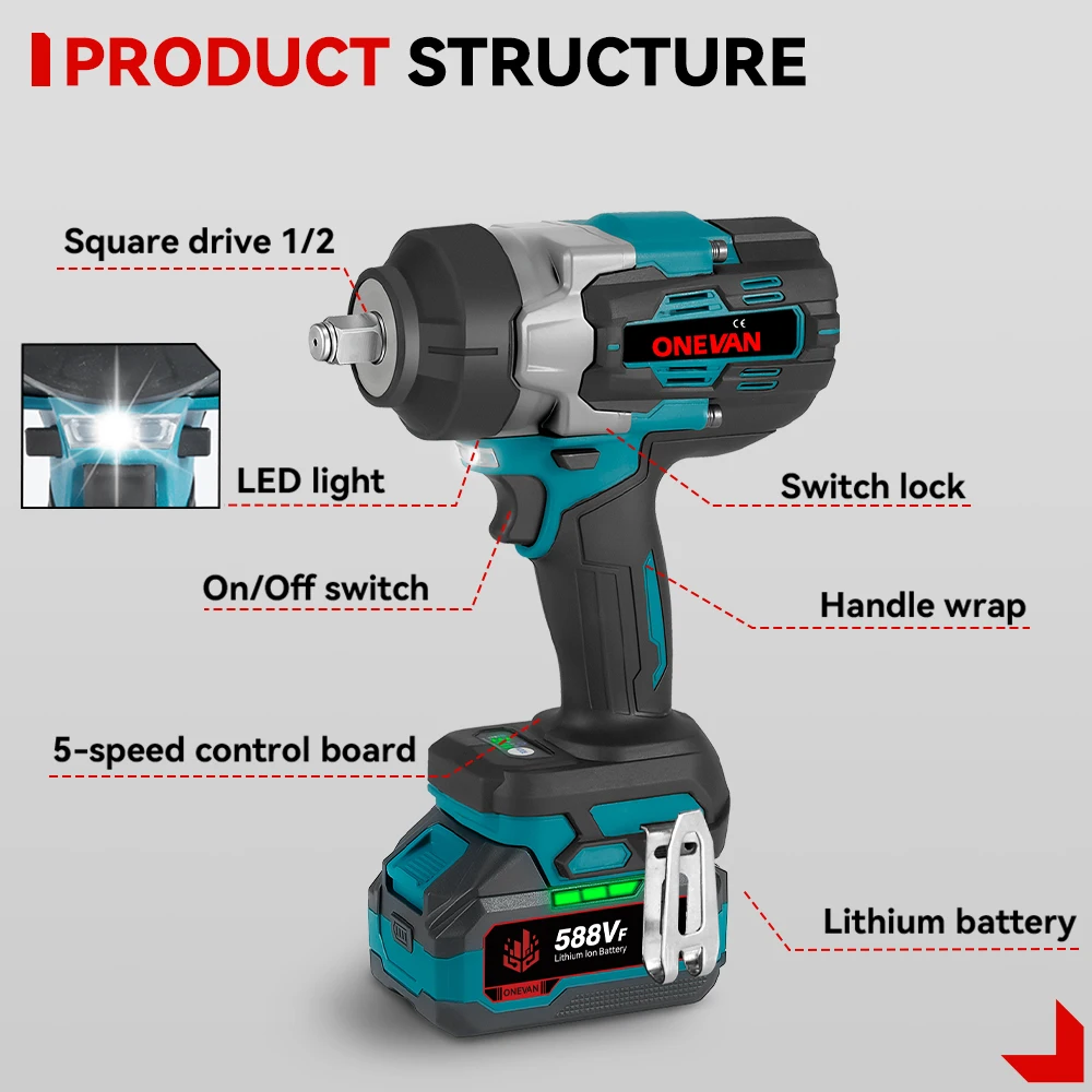 ONEVAN 2800N.M Brushless Electric Impact Wrench 2800W 1/2 Inch Cordless Wrench Screwdriver Power Tool For Makita 18V Battery Pin