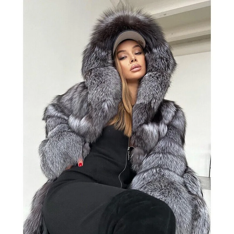 130cm New Women Real Silver Fox Fur Hood Long Overcoat Natural Fur Coat Jacket Winter luxurious authentic genuine fur coats