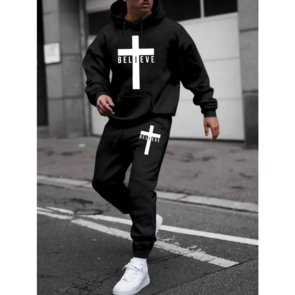 أزياء صدق الصليب طباعة العصرية مقنعين البلوز ومريحة مطابقة Sweatpants مجموعة، الرجال 2PCS الزي الأنيق للخريف #3