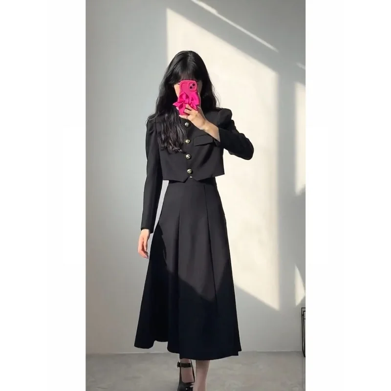 Insozkdg Skirt Suit Solid Hepburn Style Loose Casual Chic Blazers  Tops A-line Pleated Long Skirts Korean Style Two Piece Sets