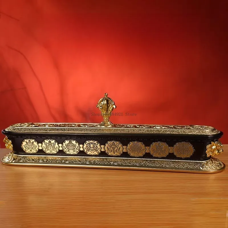 33.4CM Eight Auspicious Six-character Mantras Auspicious Lion Copper Lying Incense Burner Indoor Worship Buddha Incense Ornament