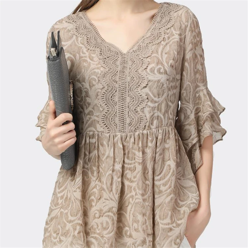 Women Ruffle Lace Patchwork Vintage Elegant Blouse Fashion Print Asymmetrical Loose Shirts Half Sleeve Tunic Tops Female Blusas