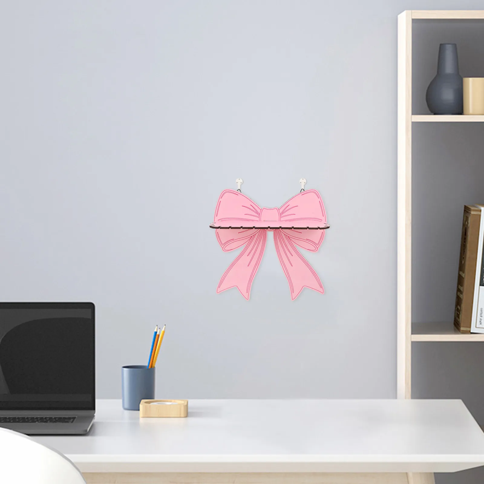Pink Bow Shaped Wooden Floating Shelf Wall Mount Storage Rack for Nursery Bedroom Living Room Plants Books Pictures Display