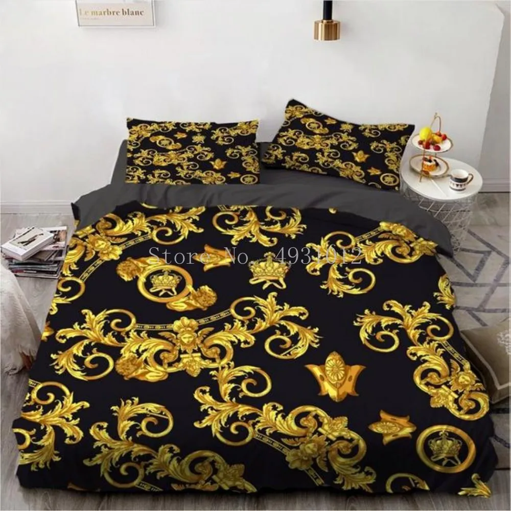 3 Pieces Ancient Style Bedding Set Iron Chain Duvet Cover Golden Flower Quilt Cover Set Home Textile Bedroom Home Pillowcase