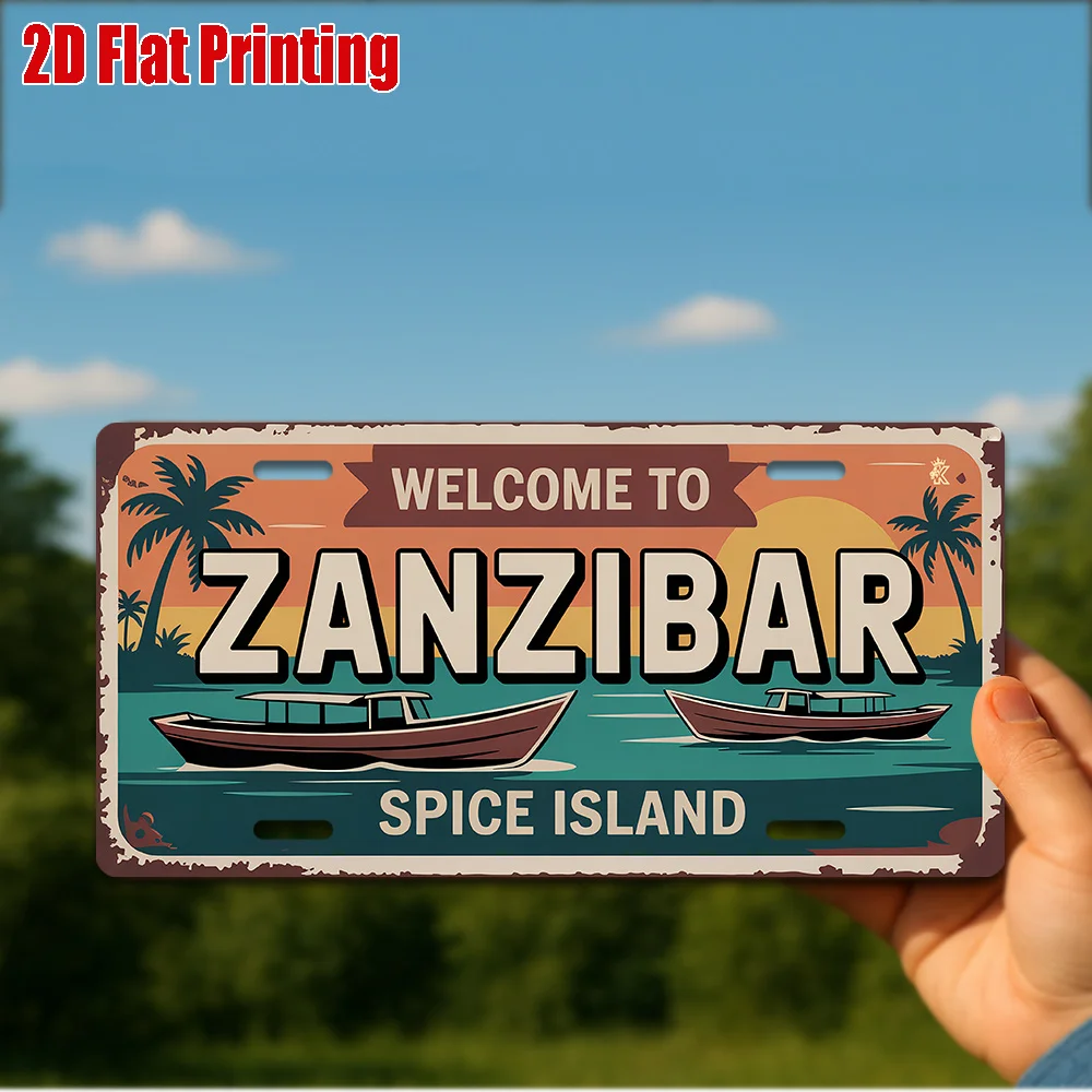 Una cubierta y marco decorativos para matrícula, con un diseño plano en 2D, incluye una placa metálica vintage de Zanzibar Spice Isl.