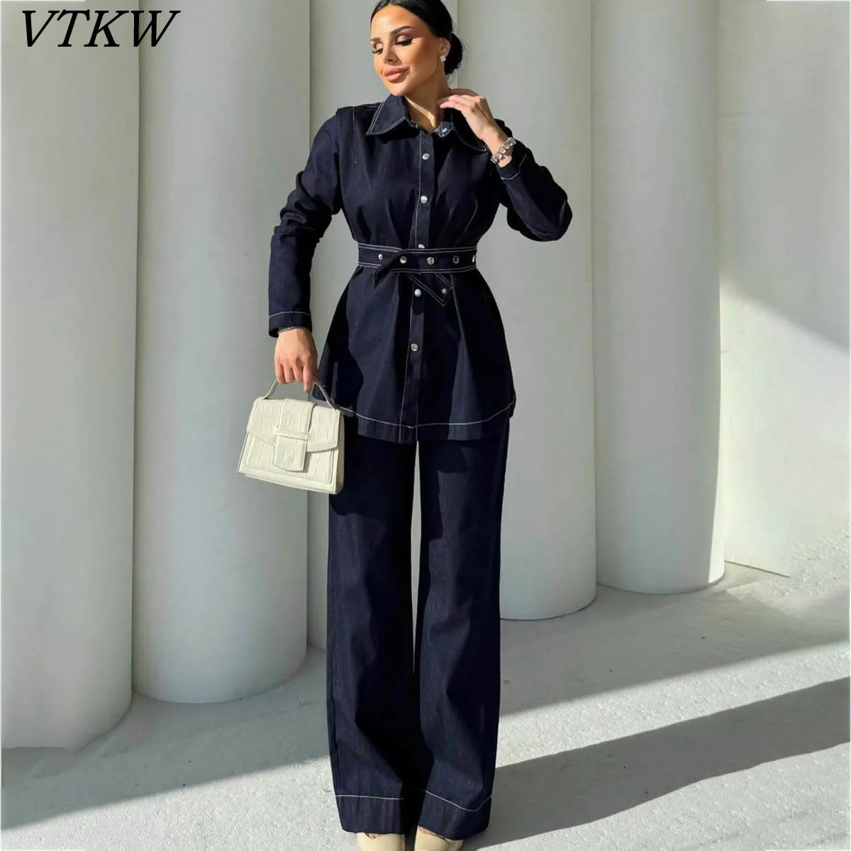 

VTKW Single-button Design 2025 Autumn New Style High-quality Long-sleeved Denim Jacket + Wide-leg Denim Pants Two-piece Set