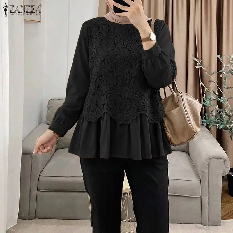

2026 ZANZEA Elegant Long Sleeve Work Shirt Stylish Women Lace Patchwork Tops Muslim Blouse Casual O Neck Holiday Blusas Femme