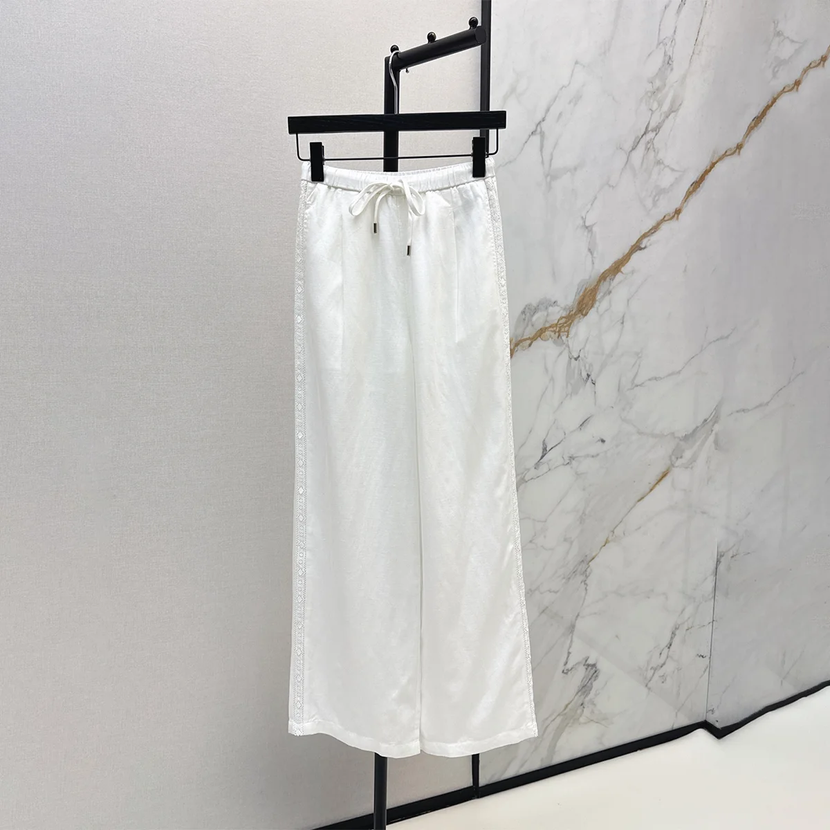 2026 high-quality women's lace linen wide leg pants with side edges--hb730