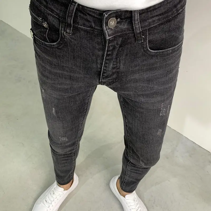 New 2024 Washed Black Slim Fit Denim Jeans for Men Floral Embroidery Casual Fashion Full Length Spring Autumn Cotton Trousers