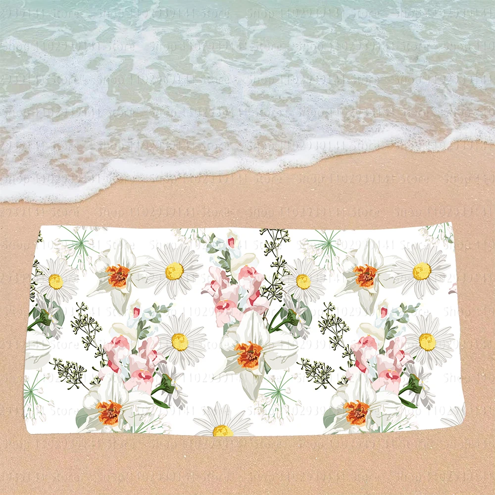 Absorbent and Quick-drying Beach Towel Microfiber Swimming Beach Towel Printed Seaside Bath Towel Daffodil rose flower pattern