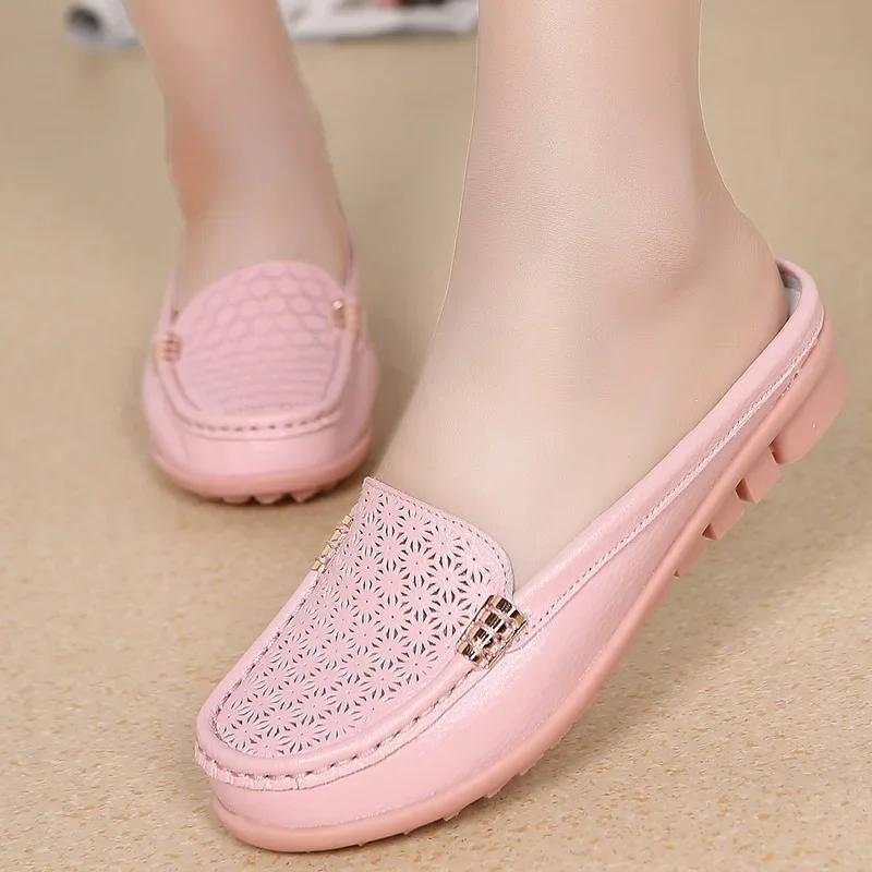 New Summer Genuine Leather Sandals Women Closed Toe Outdoor Slippers Cutout Breathable Women Flats Shoes Plus Size 34-43