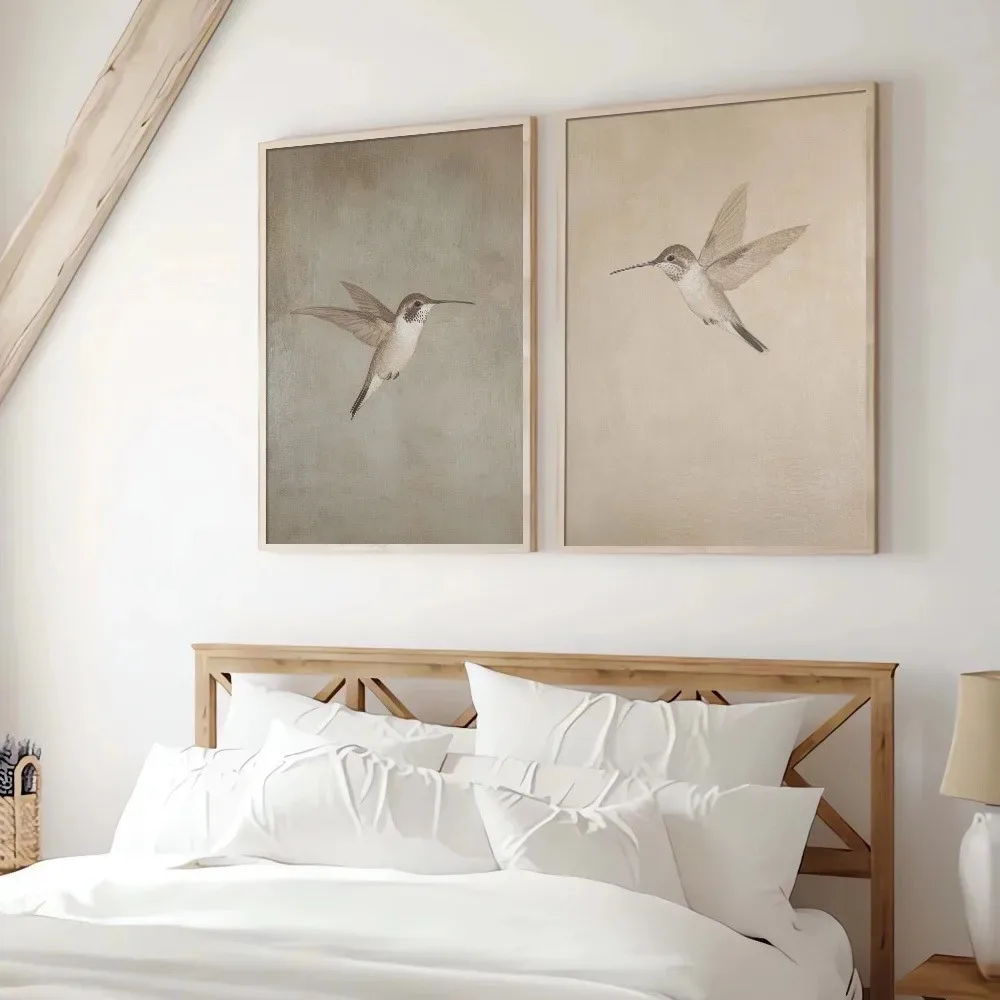 2pcs Frameless,2D FlatUnframed 2Pcs Canvas Wall Art Vintage Hummingbird Print Set, Neutral Antique Bird Poster for Cottage Livin