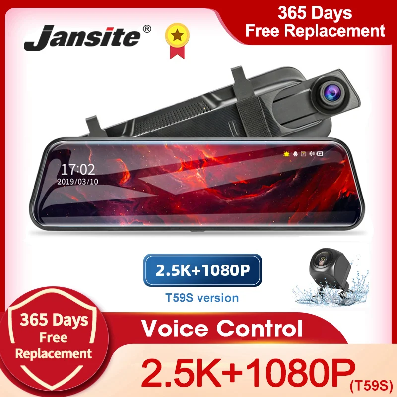 Jansite 10-inch 2.5K+1080P Car DVR Touch Screen Video Recorder Dual Lens Rear view Mirror Dash Cam Rear Camera Voice Control